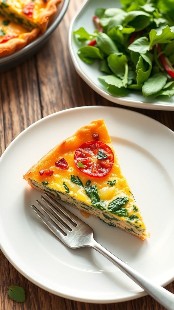 Savory Cottage Cheese Quiche Recipe A slice of cottage cheese quiche with vegetables on a plate, garnished with herbs, on a wooden table with salad.